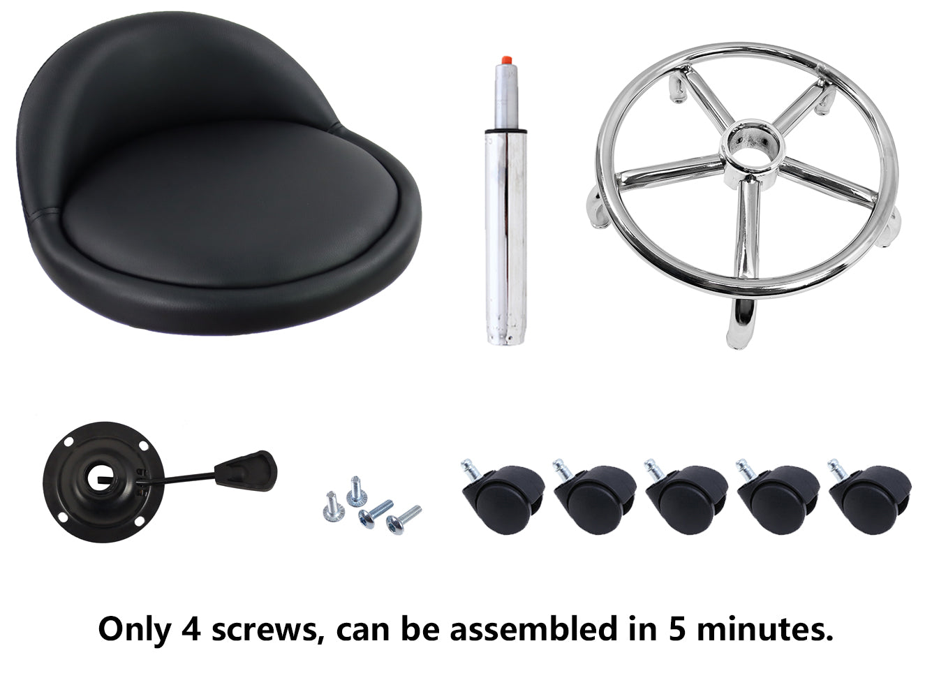 KKTONER Taburete con Ruedas de Cuero PU con Respaldo Bajo Silla de Escritorio Taburete de Oficina en casa Negro