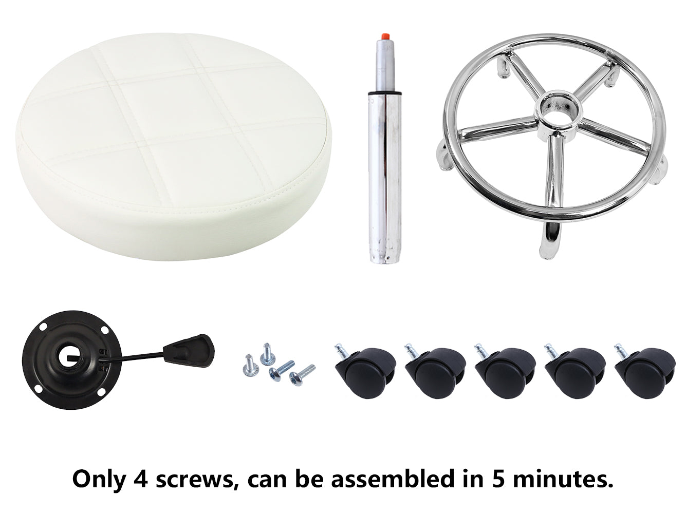 KKTONER Runder Rollhocker, Stuhl, PU-Leder, höhenverstellbar, drehbarer Zeichenhocker mit Rollen, klein (weiß)