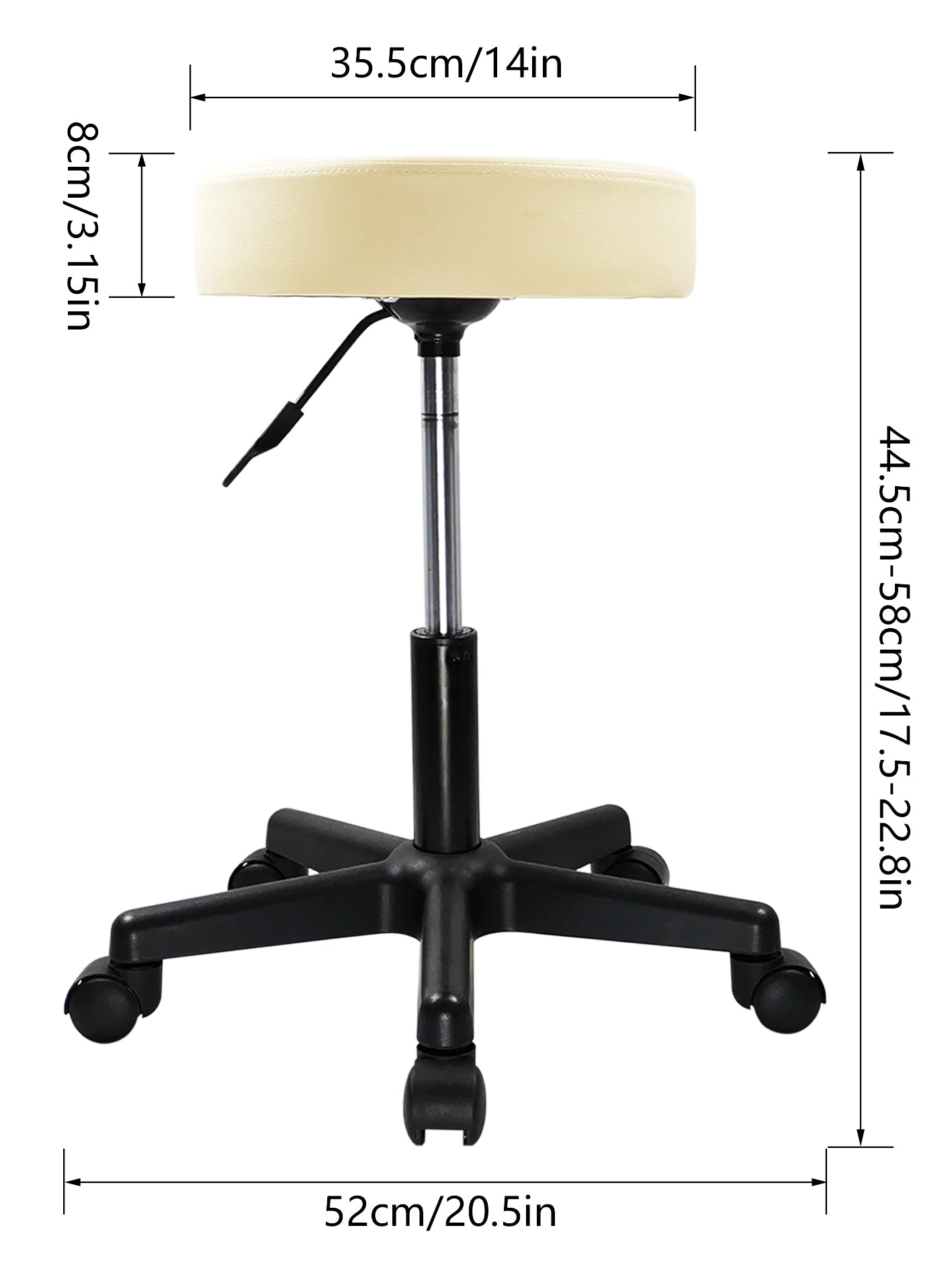 KKTONER Runder Rollhocker, PU-Leder, höhenverstellbar, drehbar, für Arbeit, SPA, medizinischer Salon, Hocker, Beige