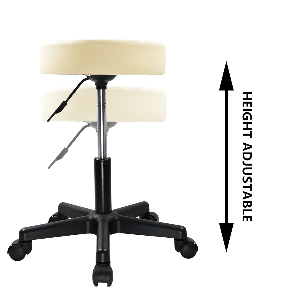 KKTONER Runder Rollhocker, PU-Leder, höhenverstellbar, drehbar, für Arbeit, SPA, medizinischer Salon, Hocker, Beige