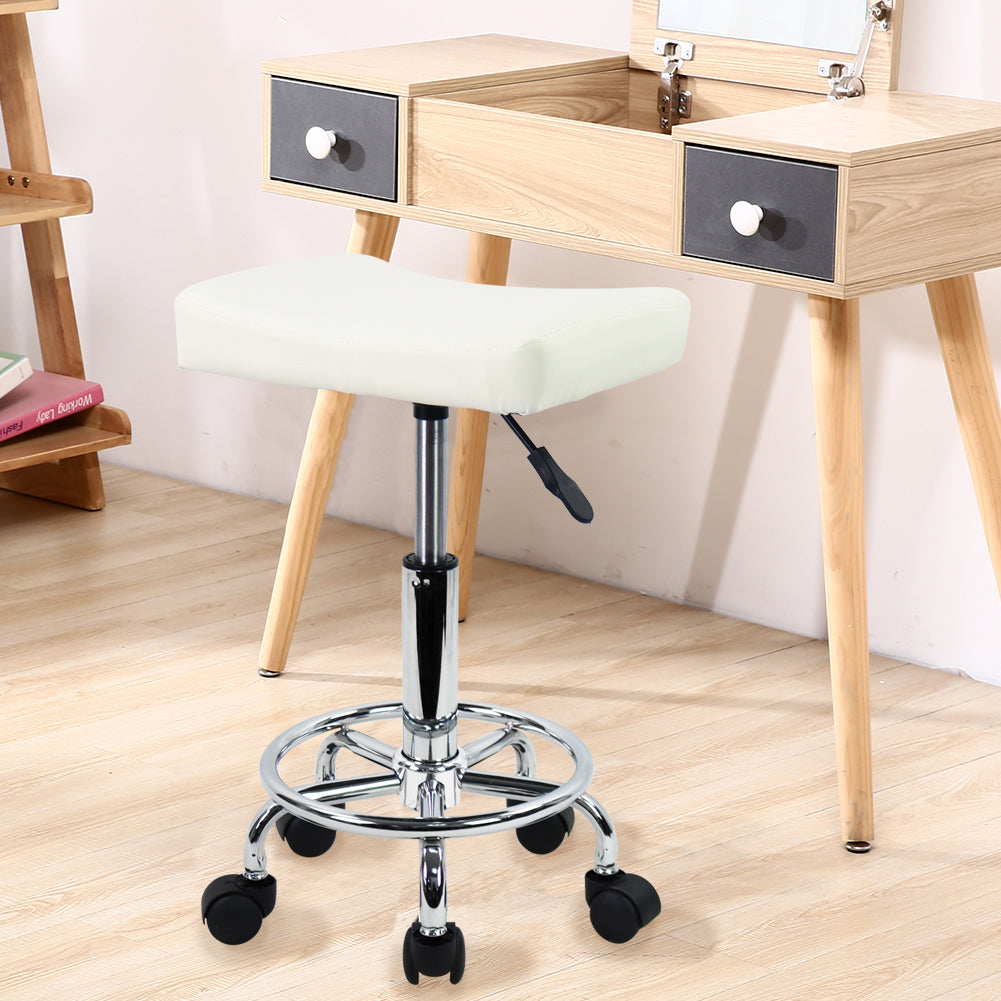 KKTONER Square Rolling Stool PU Leather Height Adjustable Swivel Massage SPA Salon Stools Task Chair with footrest Small (White)