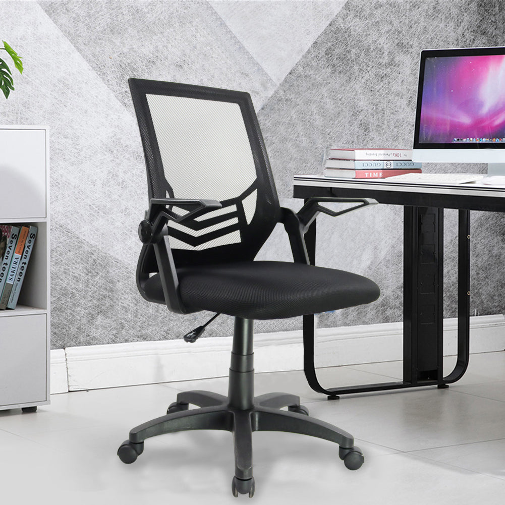 KKTONER Silla de Oficina Ergonómica con Respaldo Medio, Silla de Malla con Reposabrazos y Altura Ajustable para Computadora, Escritorio para el Hogar (Negro)