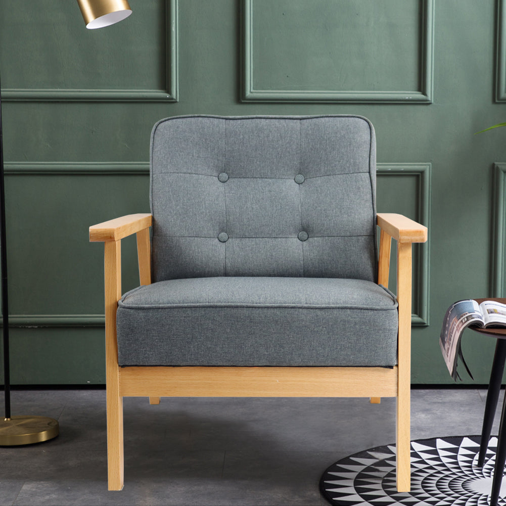 KKTONER Sofá retro con reposabrazos Salón de mediados de siglo Sofá de tela Silla de balcón de madera Estudio Recepción Dormitorio Sala de estar (Gris) 