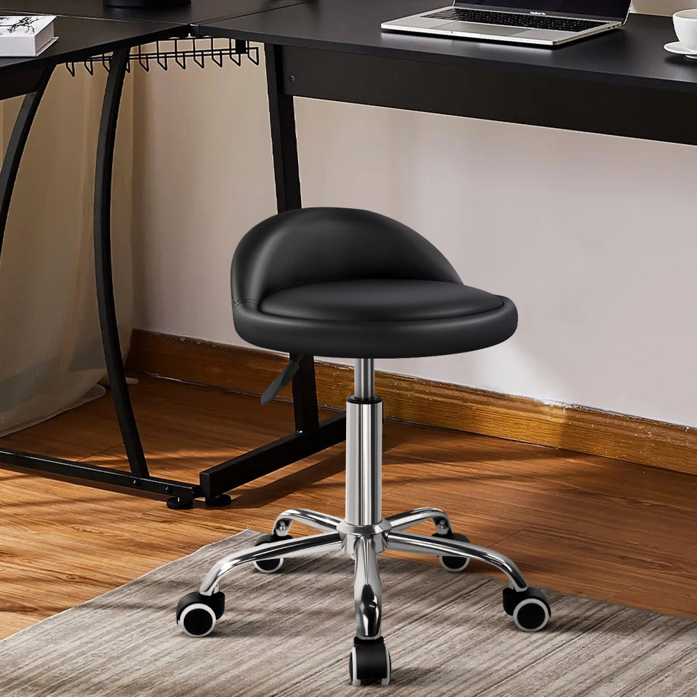 KKTONER Taburete con Ruedas de Cuero PU con Respaldo Bajo Silla de Escritorio Taburete de Oficina en casa Negro