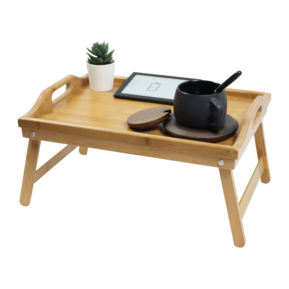 KKTONER Mesa tipo bandeja de bambú con patas plegables, soporte pequeño para ordenador portátil, bandeja de desayuno (natural)