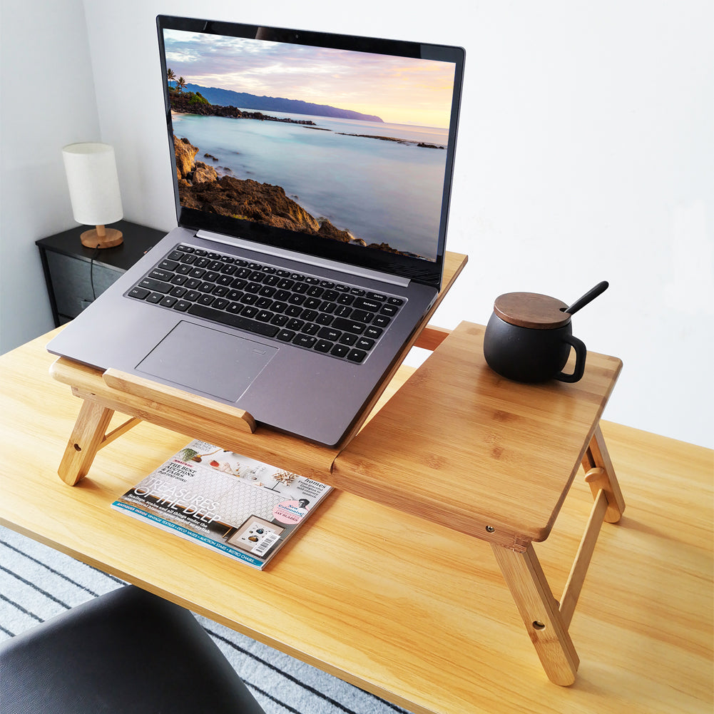 KKTONER Mesa de escritorio con soporte para computadora portátil con patas ajustables, bandeja plegable 100% de bambú para servir el desayuno (plana)