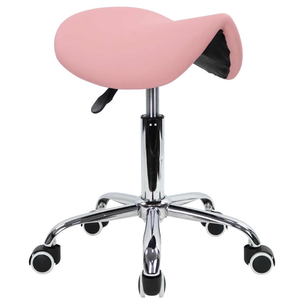 KKTONER Rolling Saddle Stool PU Leather Swivel Adjustable Rolling Stool with Wheels Salon Chair (Pink)