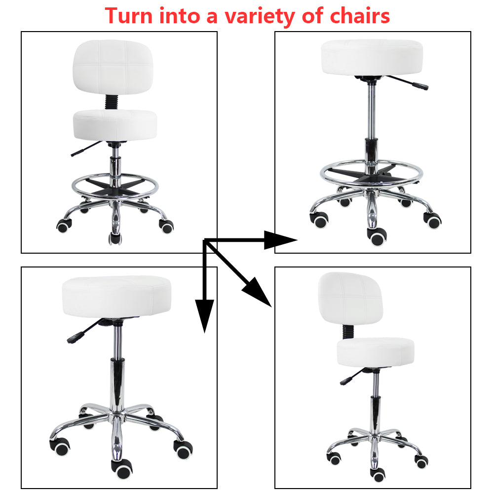 KKTONER Swivel Round Rolling Stool PU Leather with Adjustable Footrest Height Adjustable Task Work Drafting Chair with Back White