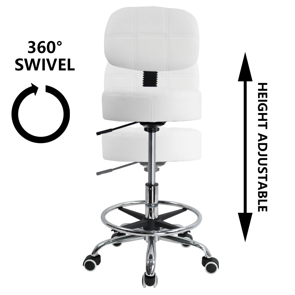 KKTONER Taburete giratorio redondo de piel sintética con reposapiés ajustable, altura ajustable, silla de trabajo con respaldo, color blanco 