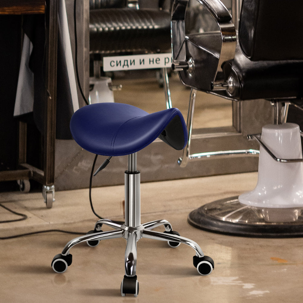 KKTONER  PU Leather Saddle Stool Height Adjustable Swivel Rolling Stool with Wheels Blue