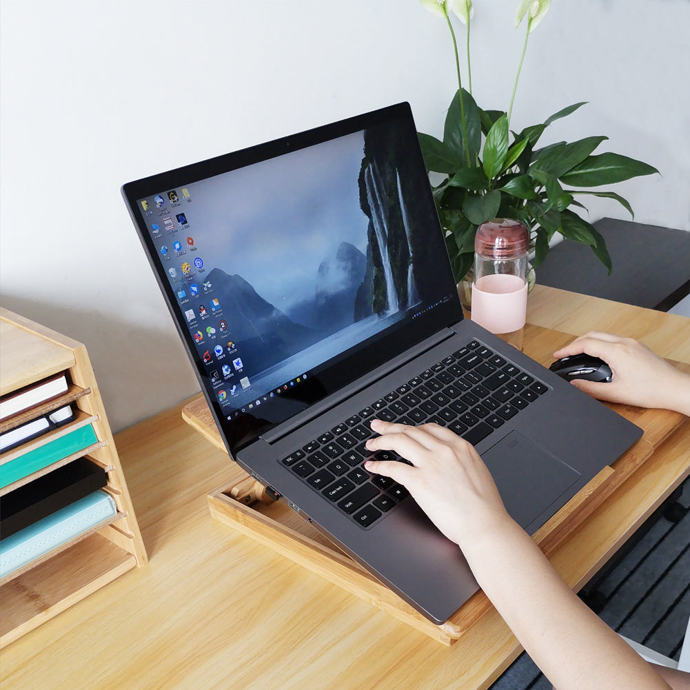 KKTONER Mesa de escritorio con soporte para computadora portátil con patas ajustables, bandeja plegable 100% de bambú para servir el desayuno (flor)