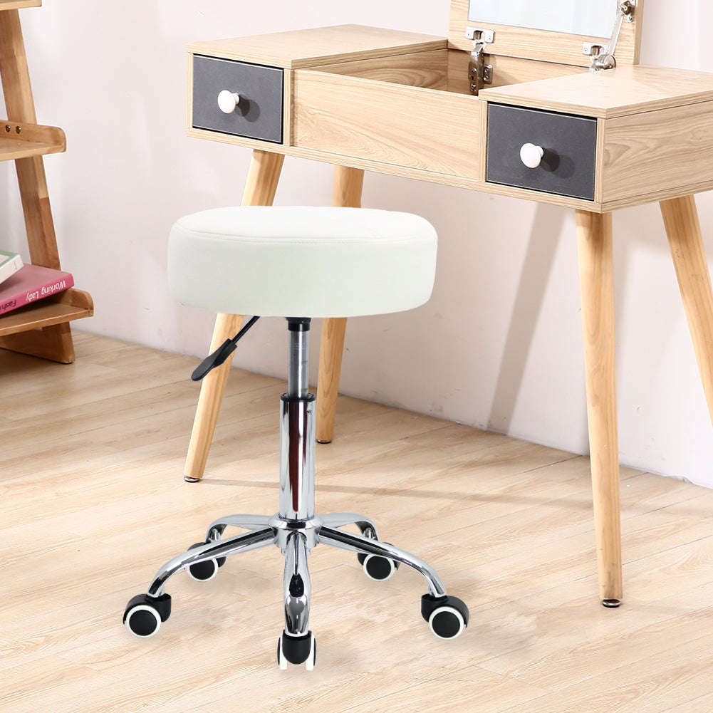 KKTONER Round Rolling Stool PU Leather Height Adjustable Swivel Salon Stools with Wheels White