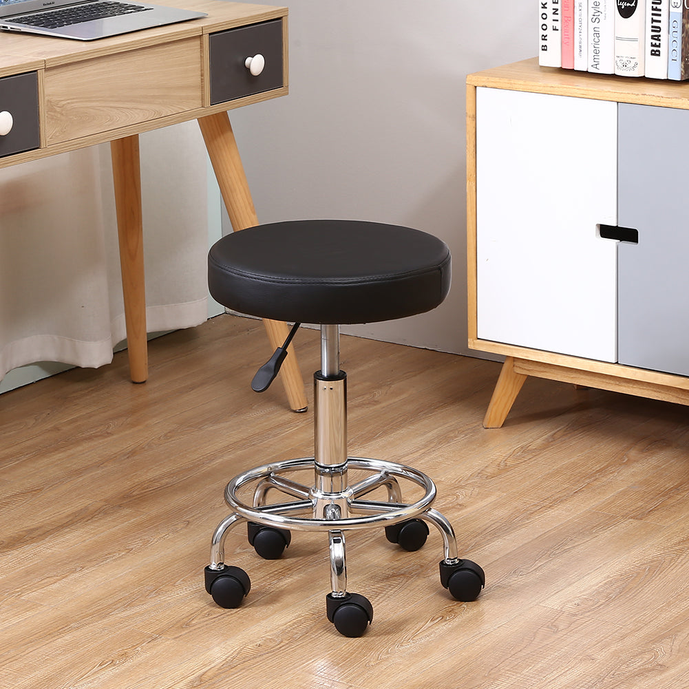 KKTONER PU Leather Round Rolling Stool with Foot Rest Swivel Height Adjustment Tattoo Stools Black