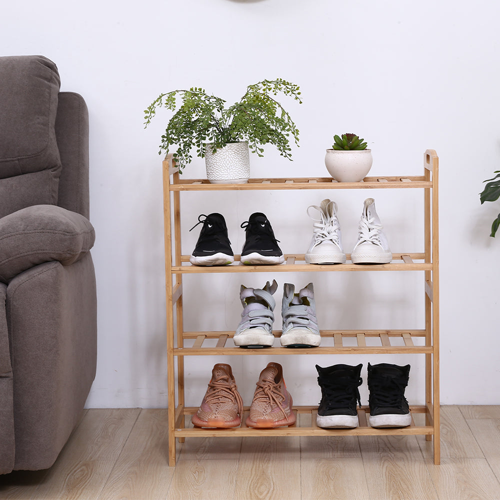 KKTONER Bamboo Shoe Rack 4 Tier Entryway Shoe Shelf Bathroom Storage Balcony Organizer shelf (Natural)