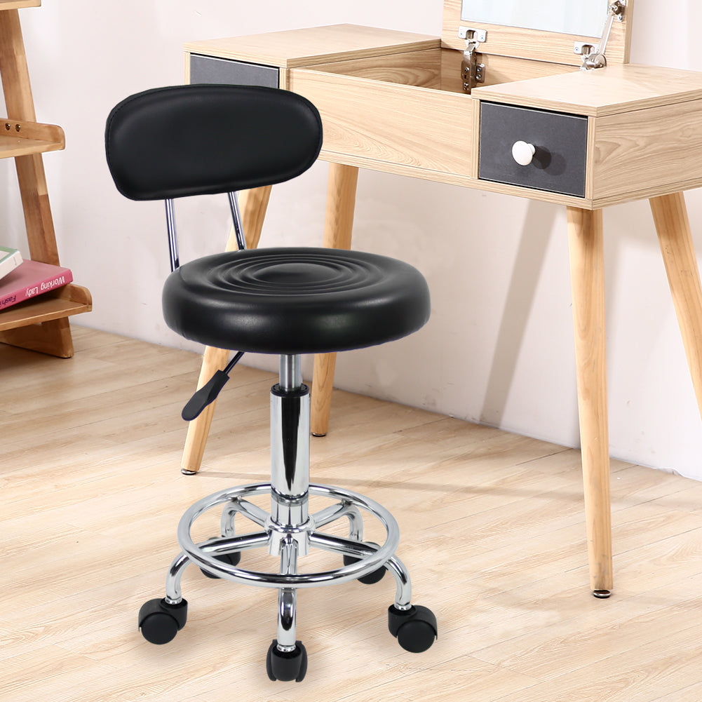 KKTONER Taburete pequeño de piel sintética moderno con respaldo bajo, altura ajustable, salón de trabajo, dibujo, silla pequeña giratoria con reposapiés (negro) 