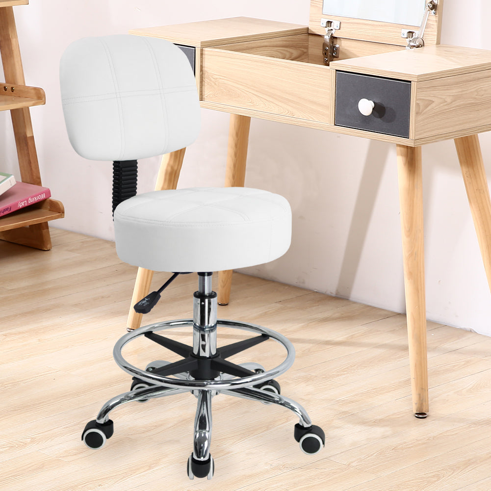 KKTONER Swivel Round Rolling Stool PU Leather with Adjustable Footrest Height Adjustable Task Work Drafting Chair with Back White