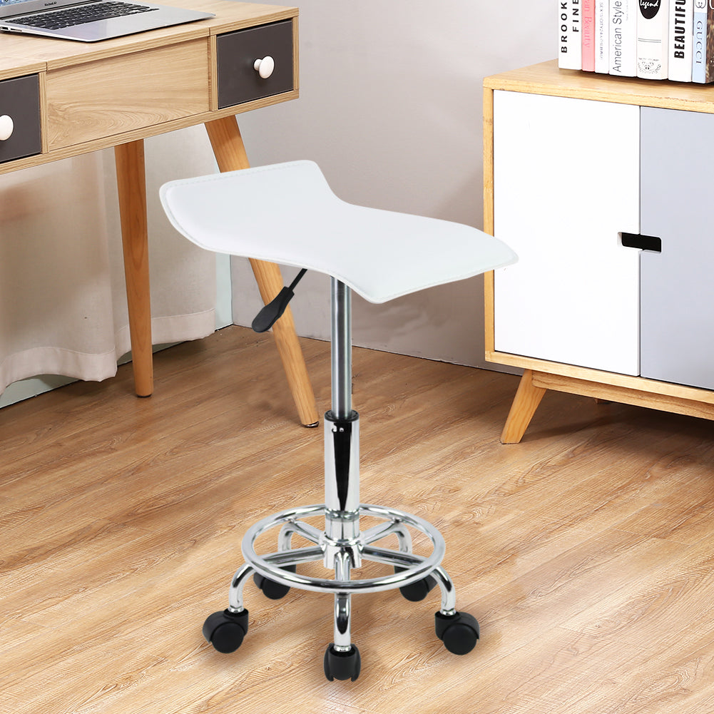 KKTONER Square Height Adjustable Rolling Stool with Foot Rest PU Leather Seat Spa Drafting Salon Tattoo Workstation Swivel Office Stools Small (White)