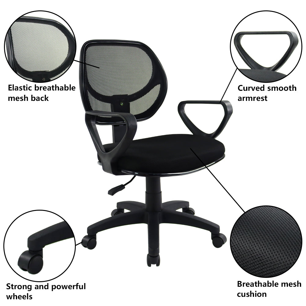 KKTONER Bürostuhl aus Netzgewebe mit mittelhoher Rückenlehne, drehbar, höhenverstellbar, Computer-/Heimschreibtisch, ergonomischer Stuhl mit Armlehne (schwarz)