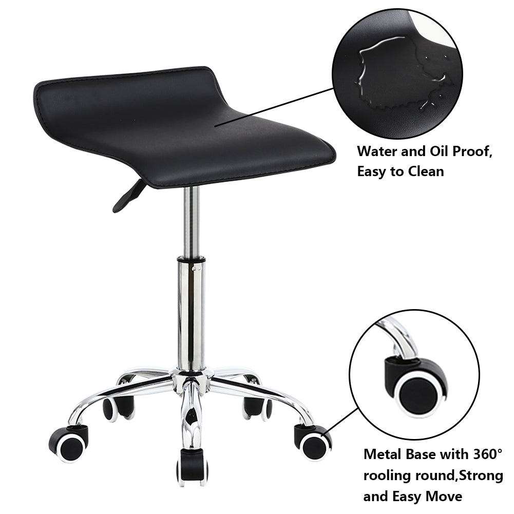 KKTONER Taburete cuadrado con ruedas de piel sintética, altura ajustable, giratorio, para masaje, spa, salón, silla de trabajo con ruedas, color negro 