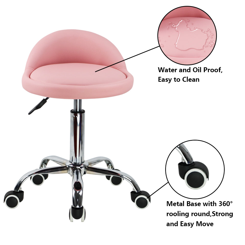 KKTONER Taburete con Ruedas de Cuero PU con Respaldo Bajo Silla de Escritorio Taburete de Oficina en casa ROSA